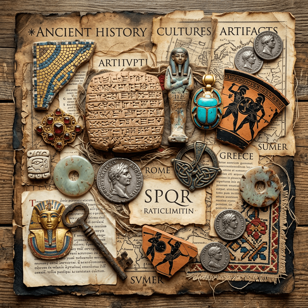 Ancient artifacts including coins, pottery shards, key, and statues arranged over old historical papers with cultural labels