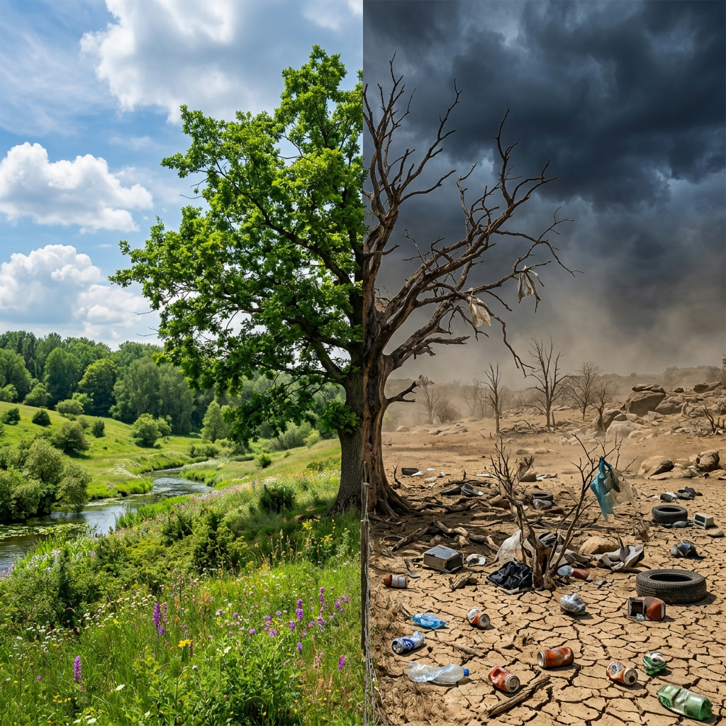 A tree with green leaves on one side and dry, leafless branches on the other, illustrating contrasting healthy and drought-affected landscapes