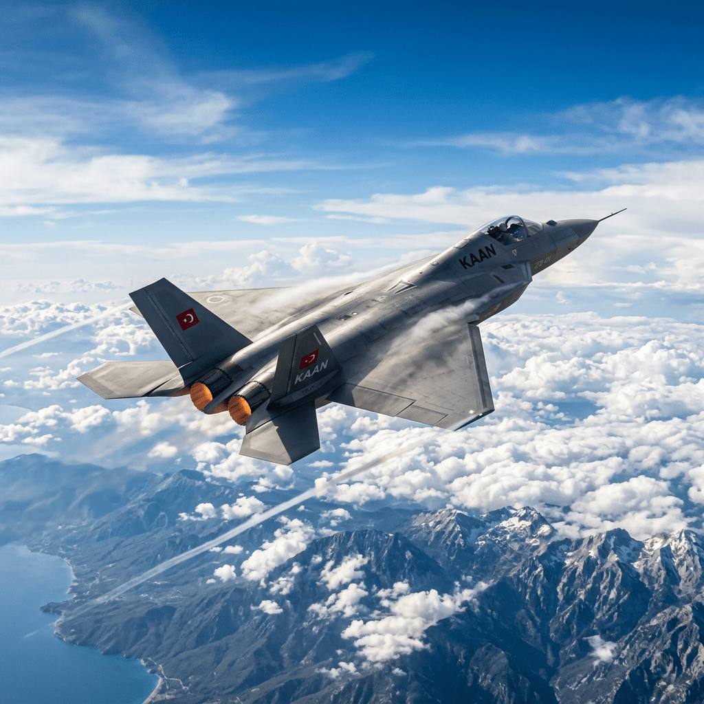 Turkish KAAN stealth fighter jet flying above mountains and clouds with afterburners on