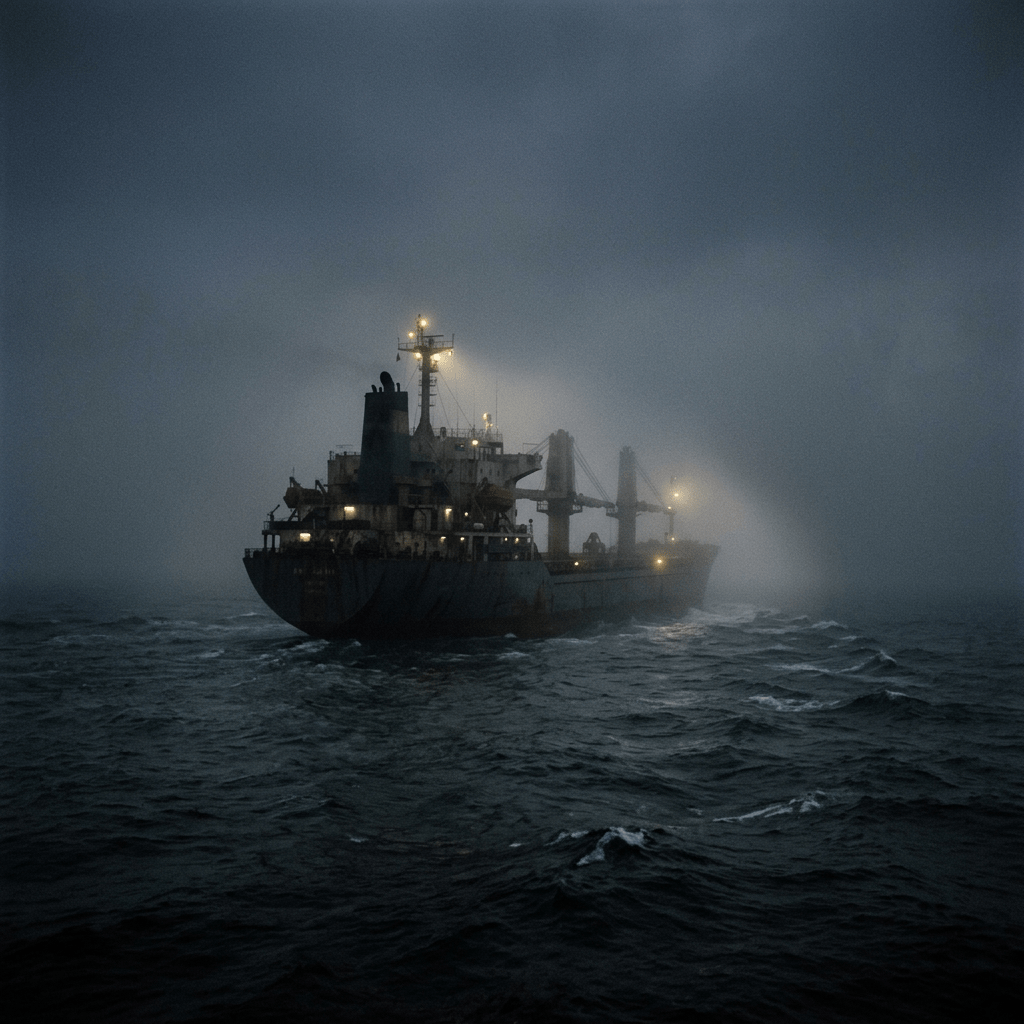 Cargo ship with lights on sailing on dark, foggy ocean water