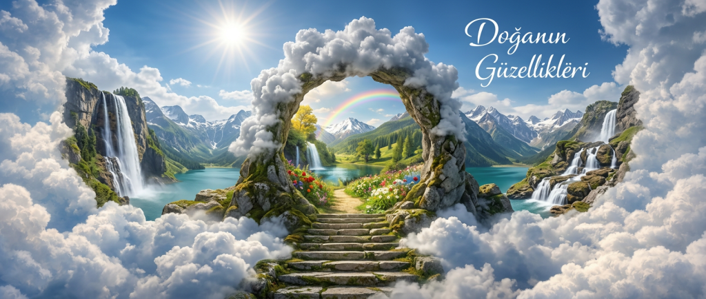 Open door in clouds showing a mountain, waterfall, path, and flowers