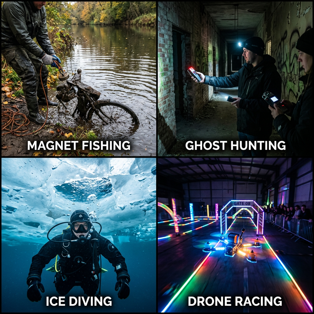 Magnet fishing in river, ghost hunting in building, ice diving under frozen water, drone racing indoors with neon lights