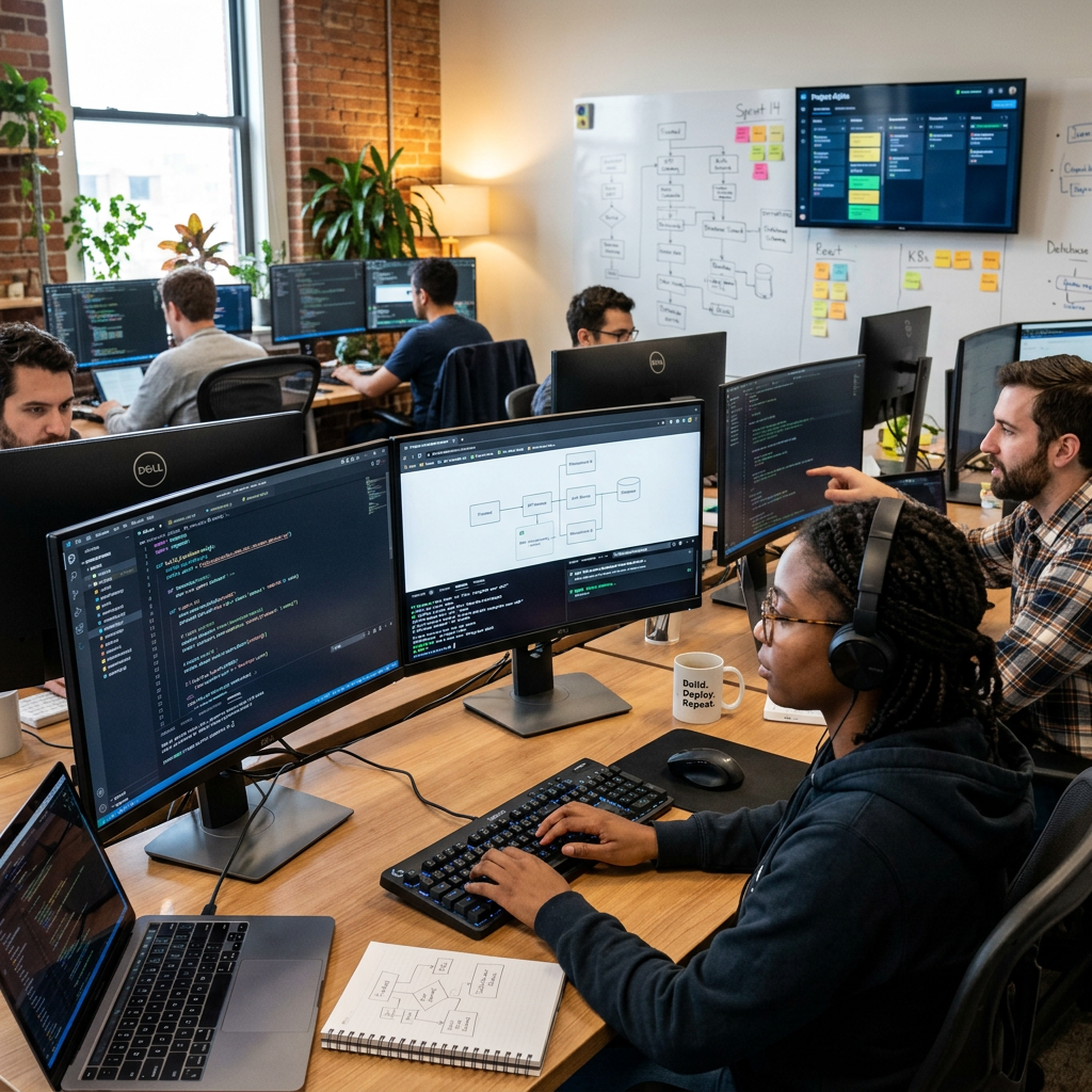 Developers collaborating on coding and system diagrams at multiple computer monitors