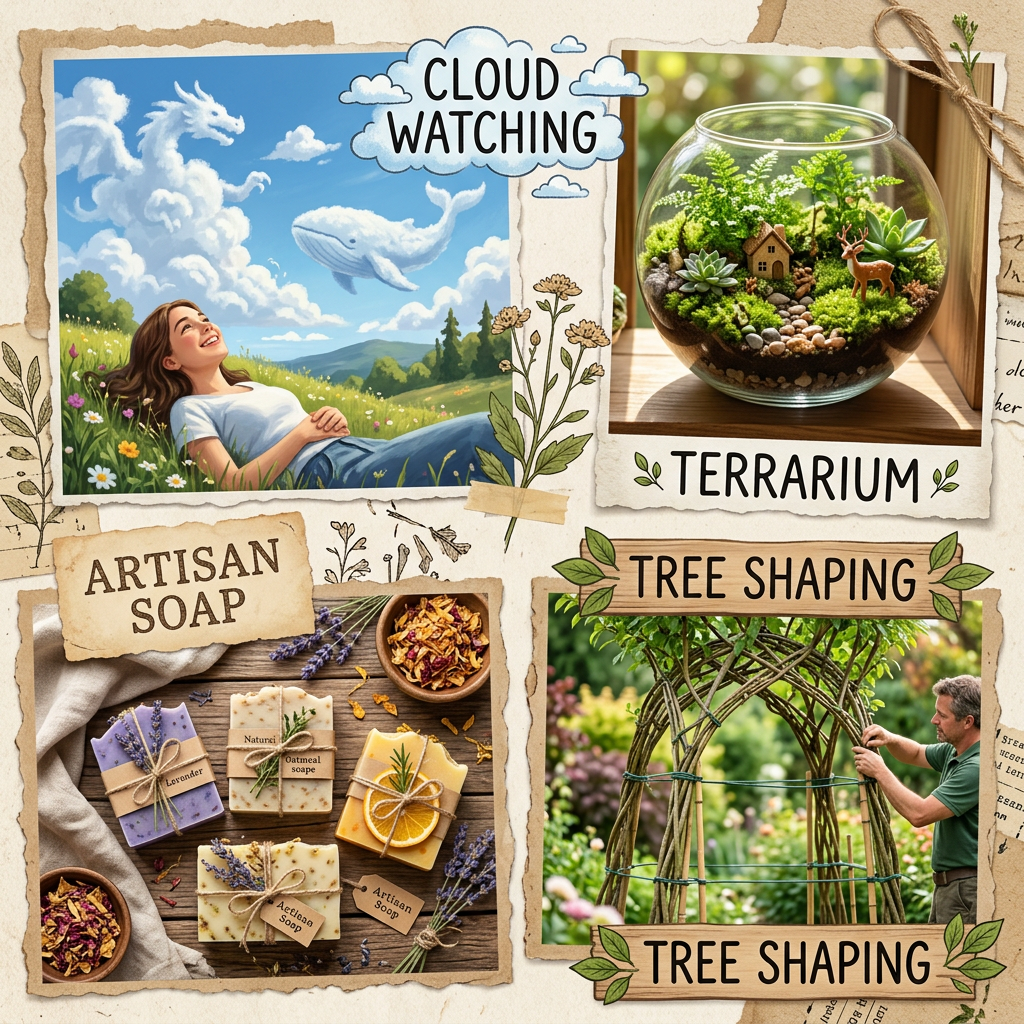 collage of creative activities: woman cloud watching, glass terrarium, artisan soaps, man shaping tree structure
