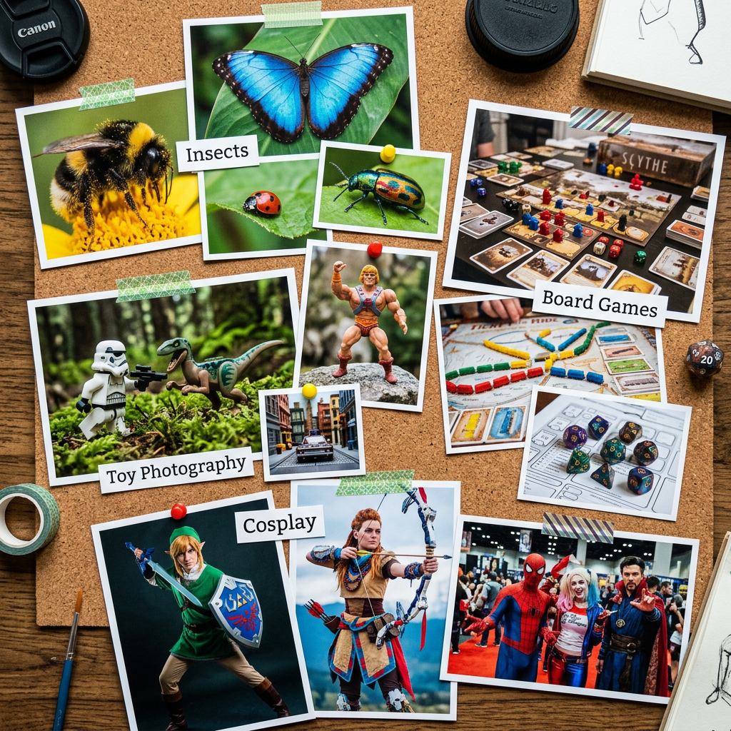 Illustrations of insects, a board game setup, toy action figures with a camera, and cosplayers in costumes at a convention.
