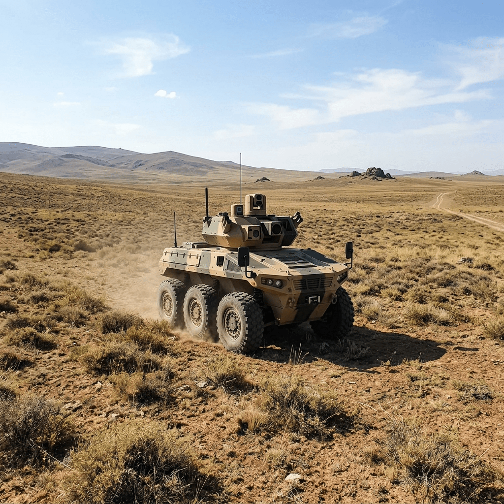 Autonomous eight-wheeled military vehicle driving through a dry, rocky desert terrain.