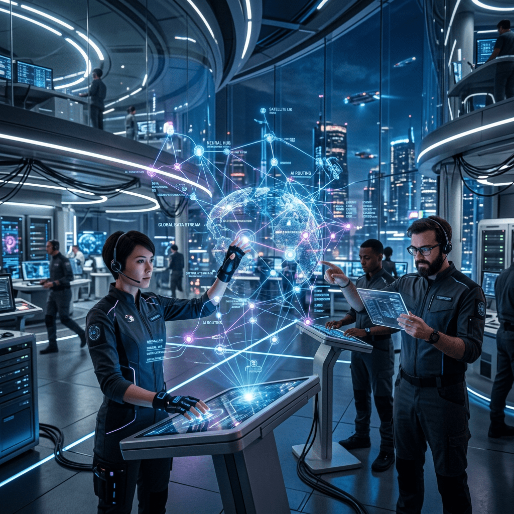 Technicians managing AI network data using holographic displays in futuristic control room