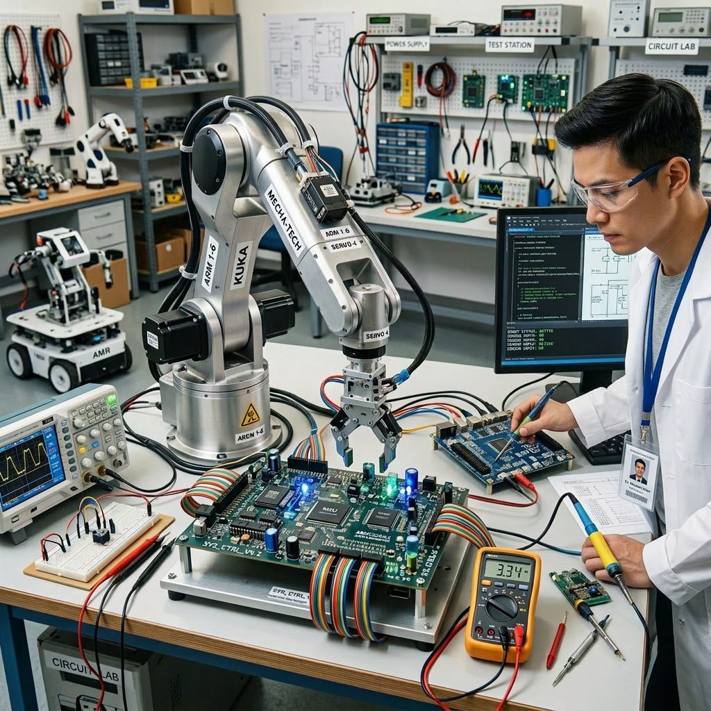 Engineer working with robotic arm and circuit boards in electronics testing lab