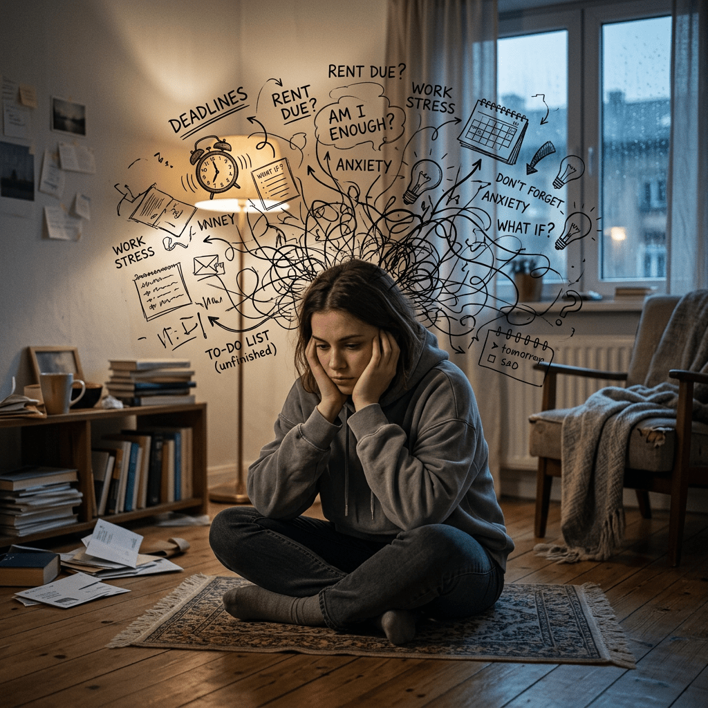 Young woman sitting cross-legged on carpet holding her head surrounded by drawings representing anxiety, deadlines, work stress, rent, and to-do lists.